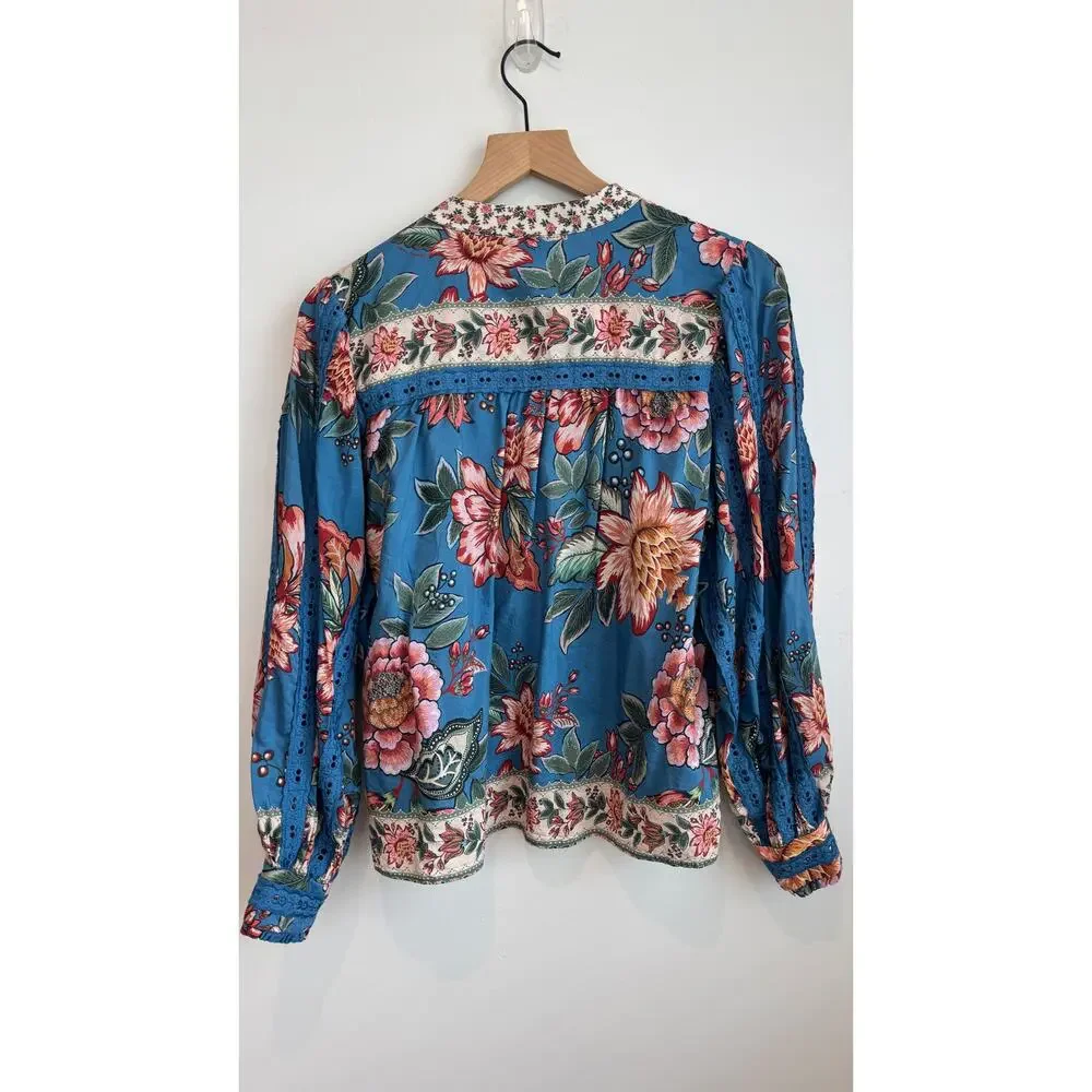 Farm Rio Wonderful Bouquet Floral Blue Long Sleeve Blouse Size Small